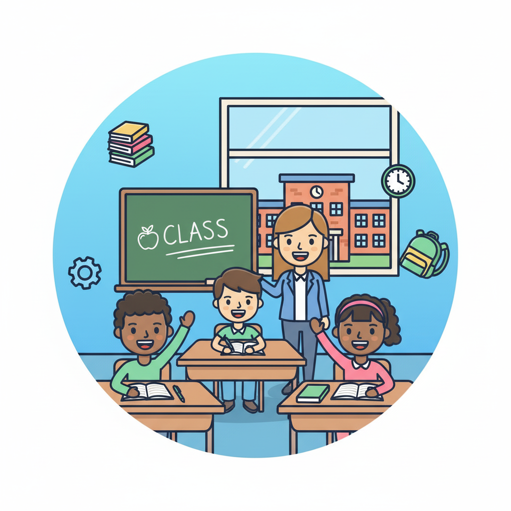Illustration of a teacher and diverse students in a classroom with chalkboard text CLASS.